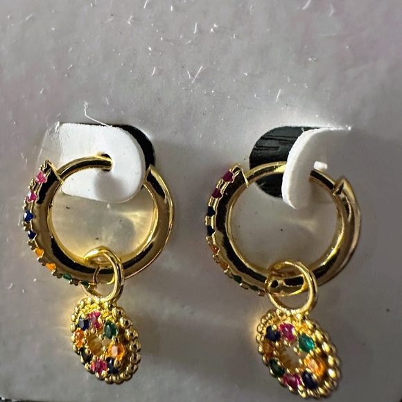 Simply Whispers Dainty Gold Huggies With Rainbow Gemstone Medallion New - Picture 3 of 3